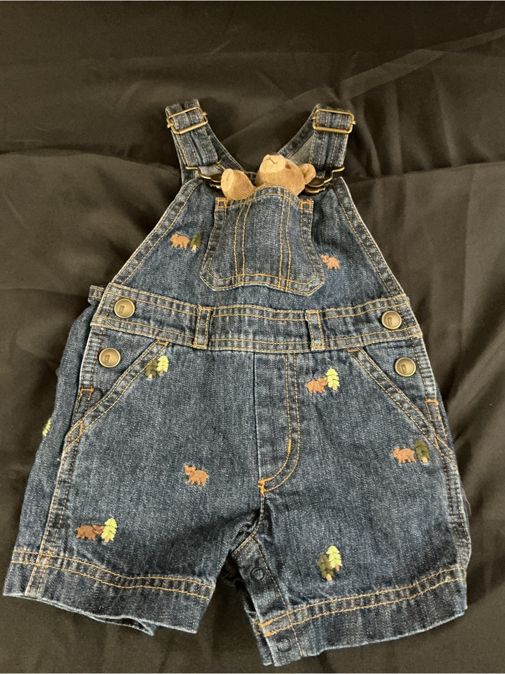 Children's Dark Blue Denim Short Overalls with Forest Embroidery - Picture 6 of 12